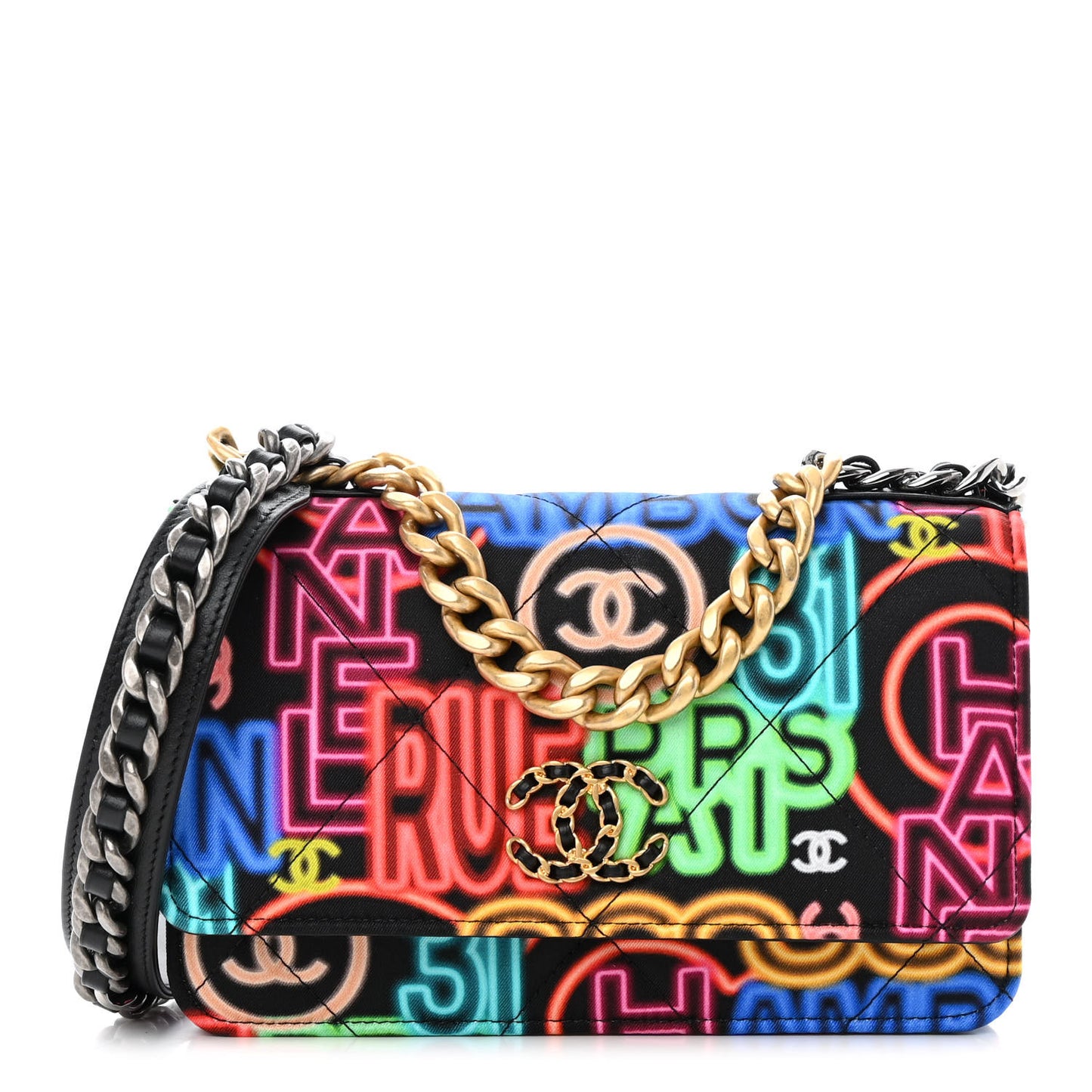 Fabric Printed Chanel 19 Wallet On Chain WOC Black Multicolor