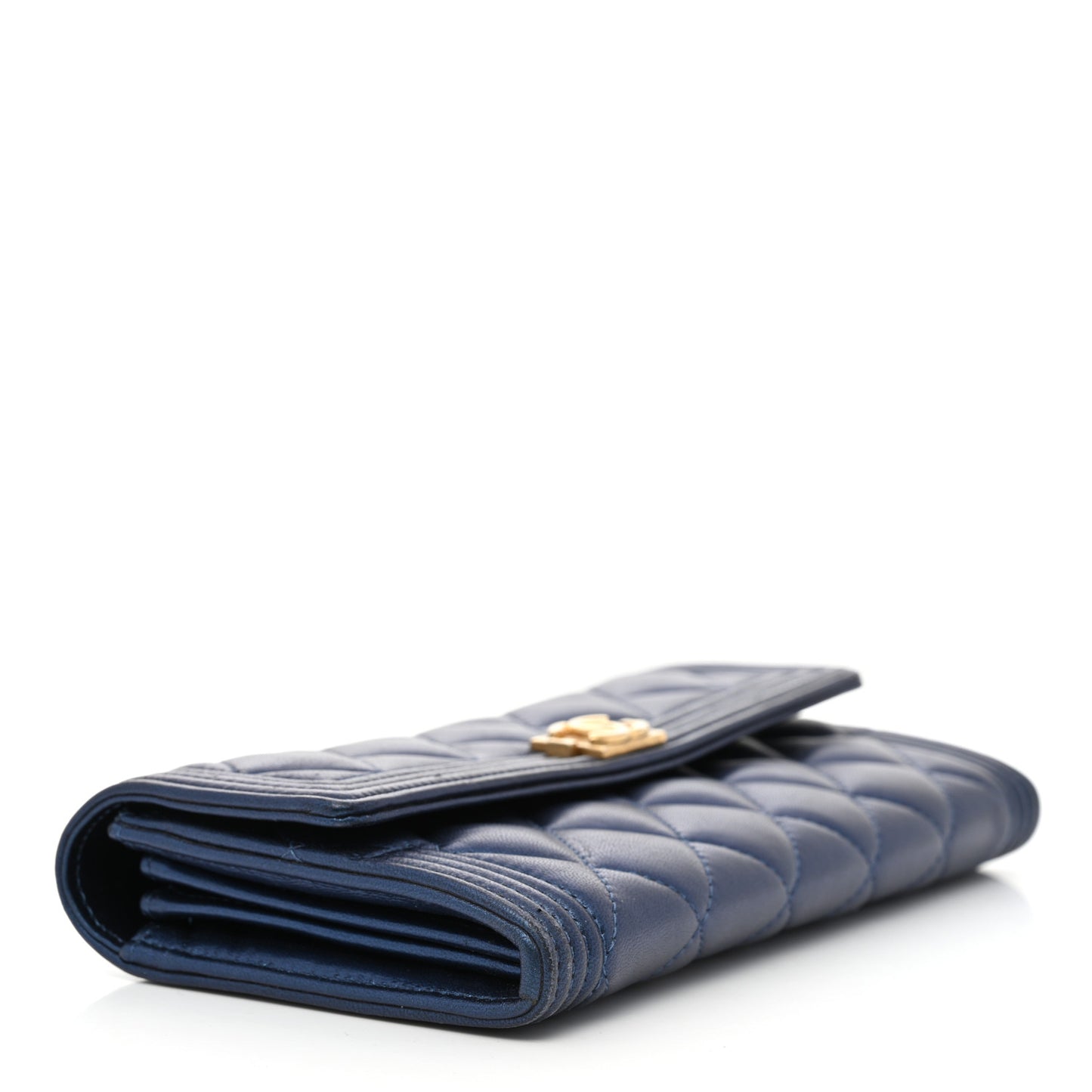 Metallic Lambskin Quilted Large Boy Gusset Flap Wallet Blue