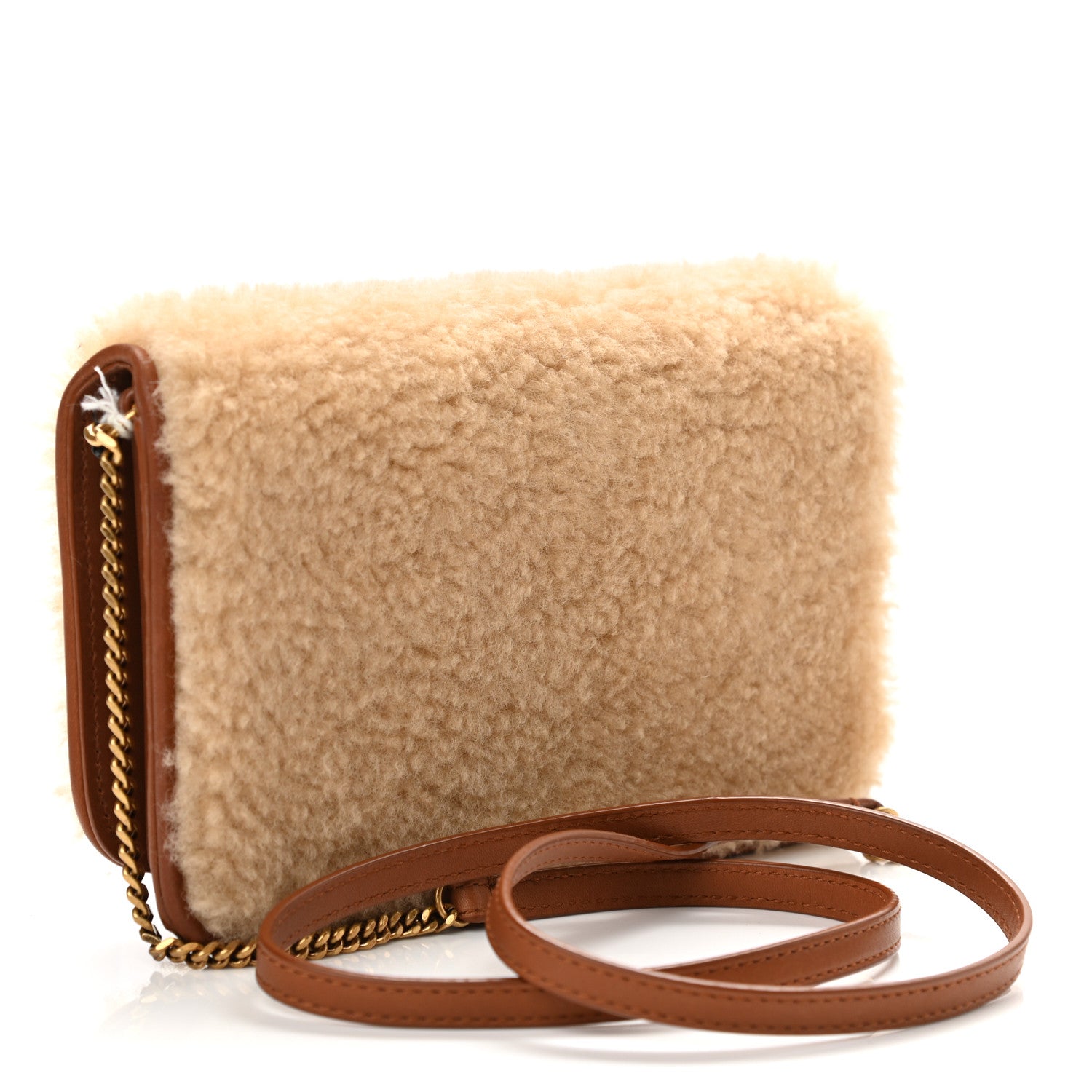 Saint Laurent Shearling Monogram Phone Holder Crossbody Brown 3 of 11