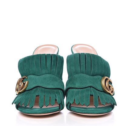 Gucci Kid Scamosciato GG Marmont Fringe 105mm Slide Sandals 37 Emerald 2 of 8