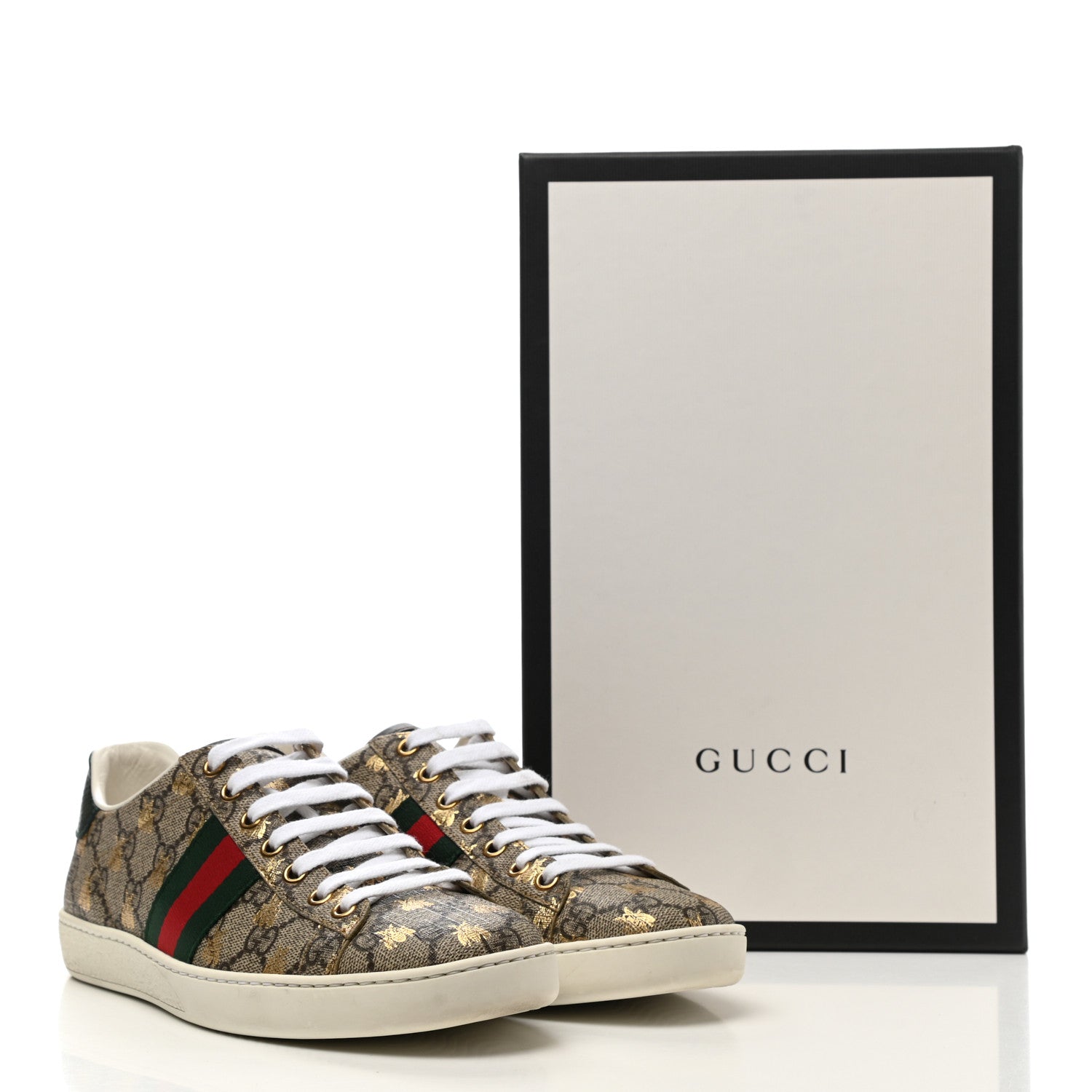 Gucci GG Supreme Monogram Bees Ayers Web Womens Ace Sneakers 42 Beige Oro Green Red 9 of 13