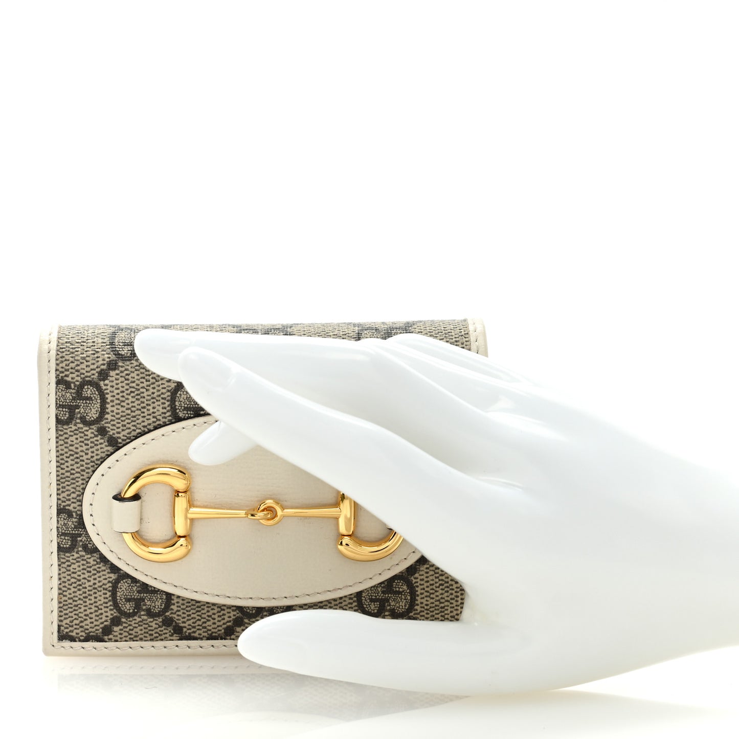 GG Supreme Monogram Azalea Calfskin Horsebit 1955 Card Case Wallet Beige Ebony Mystic White