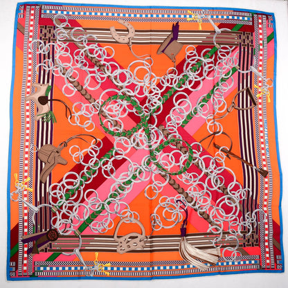 Hermes Cashmere Silk Brides Et Gris Shawl 140 Orange Bordeaux Vert 2 of 5