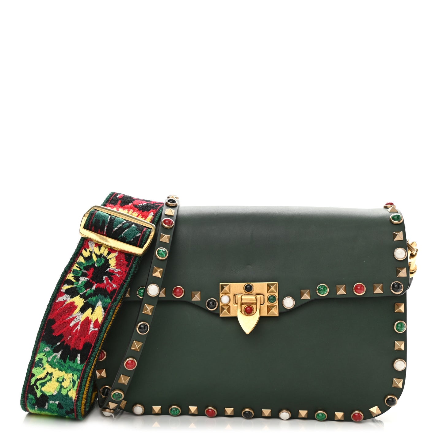 Calfskin Medium Guitar Strap Rockstud Rolling Flap Saddle Bag Dark Green