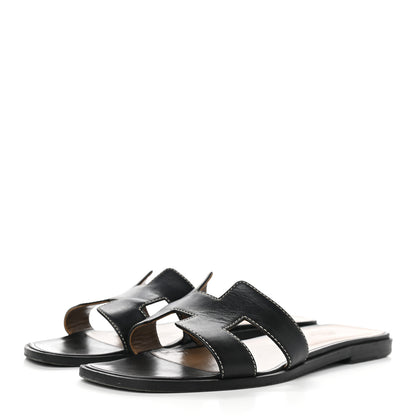 Hermes Box Calfskin Oran Sandals 37.5 Black 3 of 11