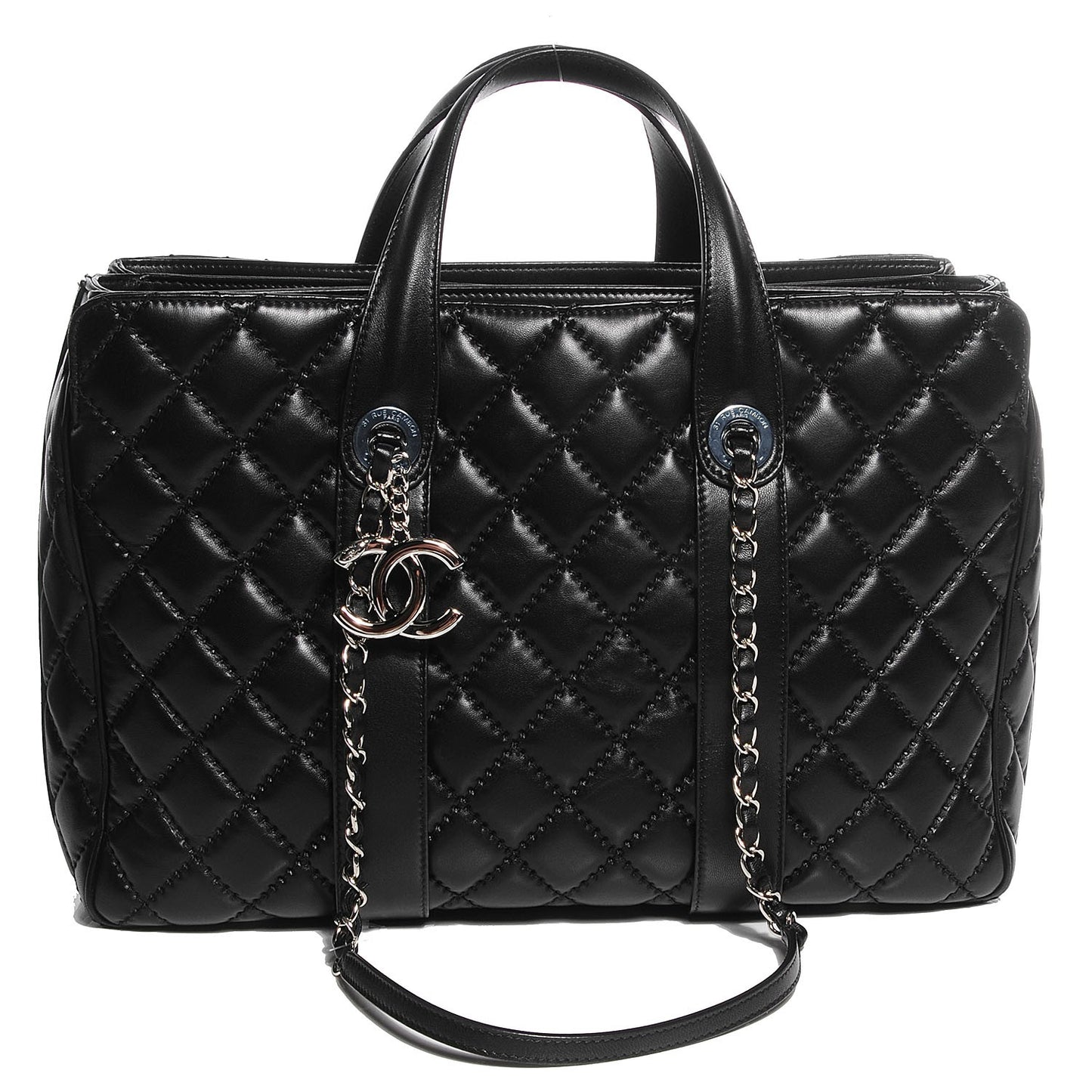 Lambskin Quilted Large Easy Carry Shopping Tote Black