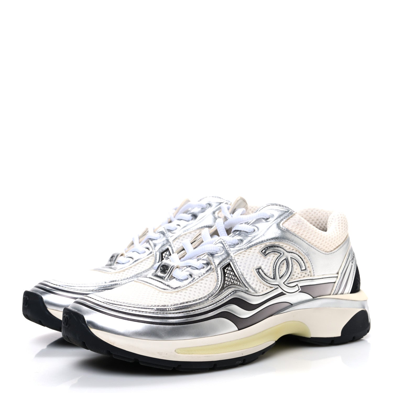 Chanel Fabric Laminated Calfskin Stretch CC Womens Sneakers 40 White Silver 4 of 11