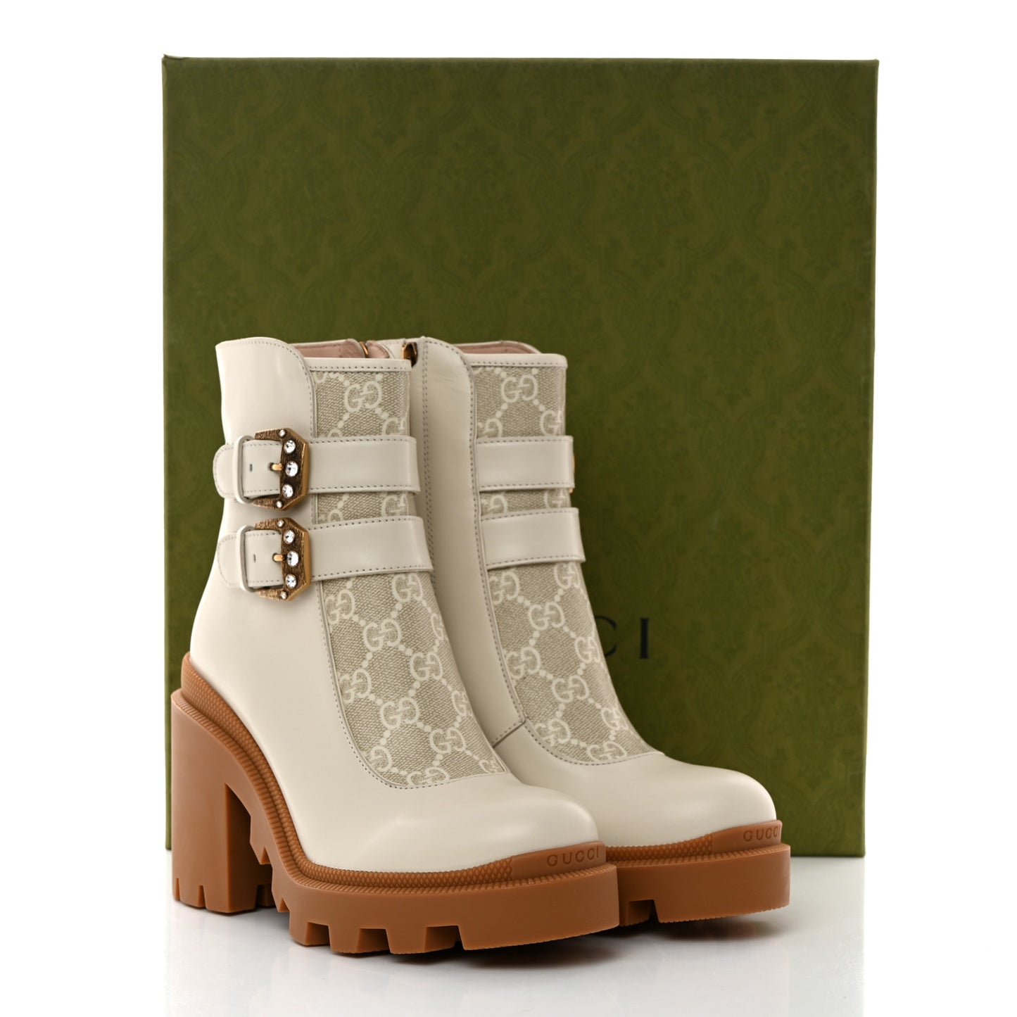 Kensington Calfskin Nappa GG Supreme Monogram Womens Double Buckle Ankle Boots 35.5 Mystic White Beige