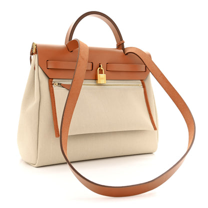 Hermes Military Toile Vache Hunter Horseshoe Herbag Zip Retourne 31 PM Beton Naturel 4 of 17