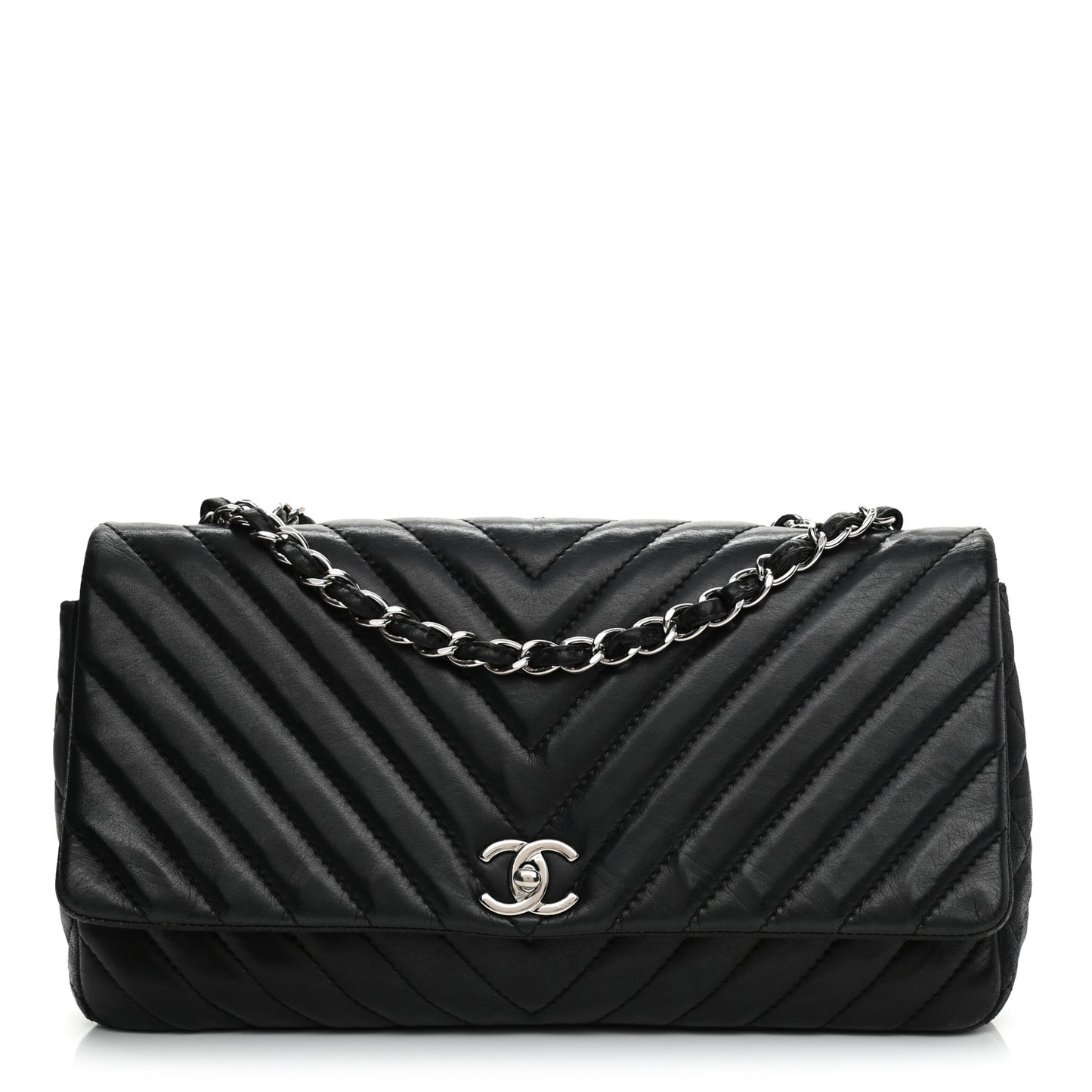 Lambskin Chevron Quilted Single Flap Black