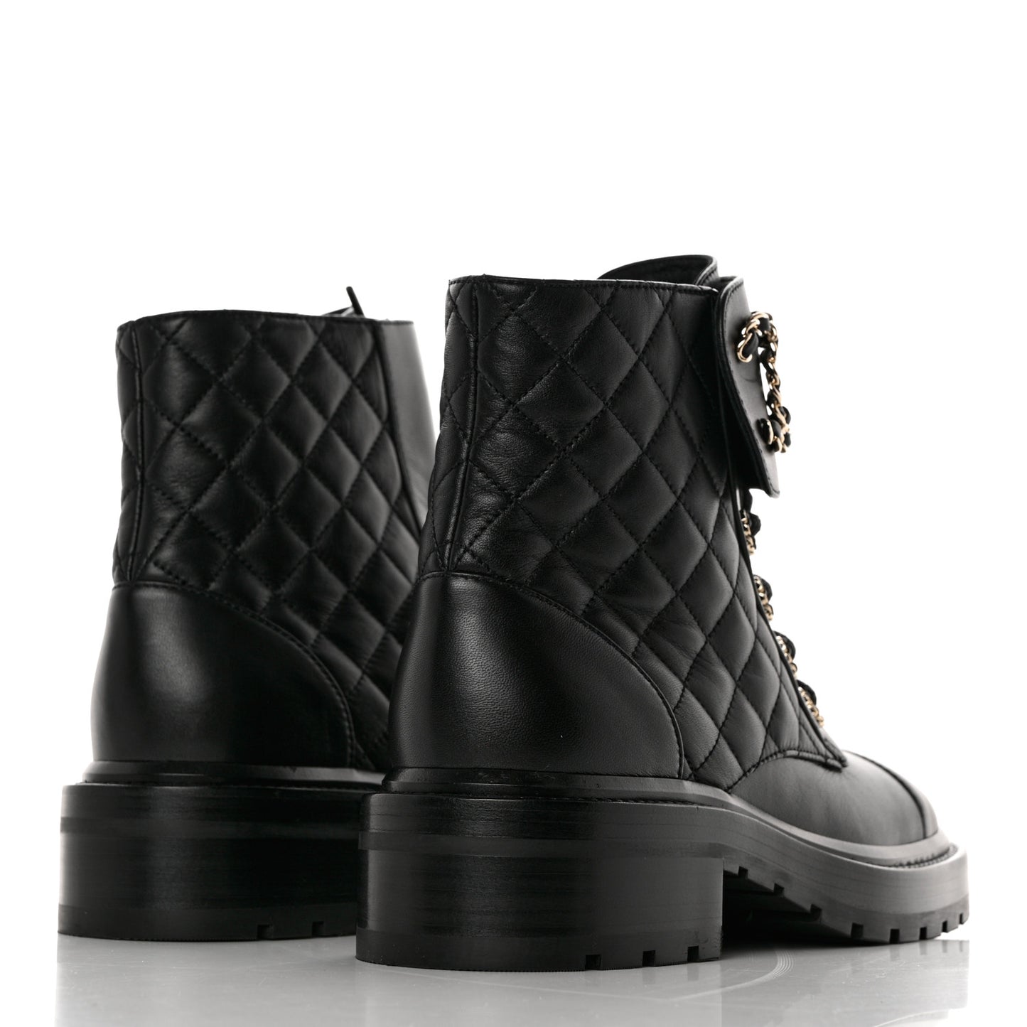 Shiny Lambskin Quilted Lace Up Combat Boots 36.5 Black