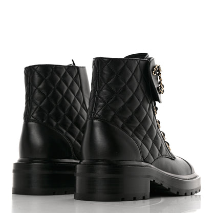 Chanel Shiny Lambskin Quilted Lace Up Combat Boots 36.5 Black 4 of 9