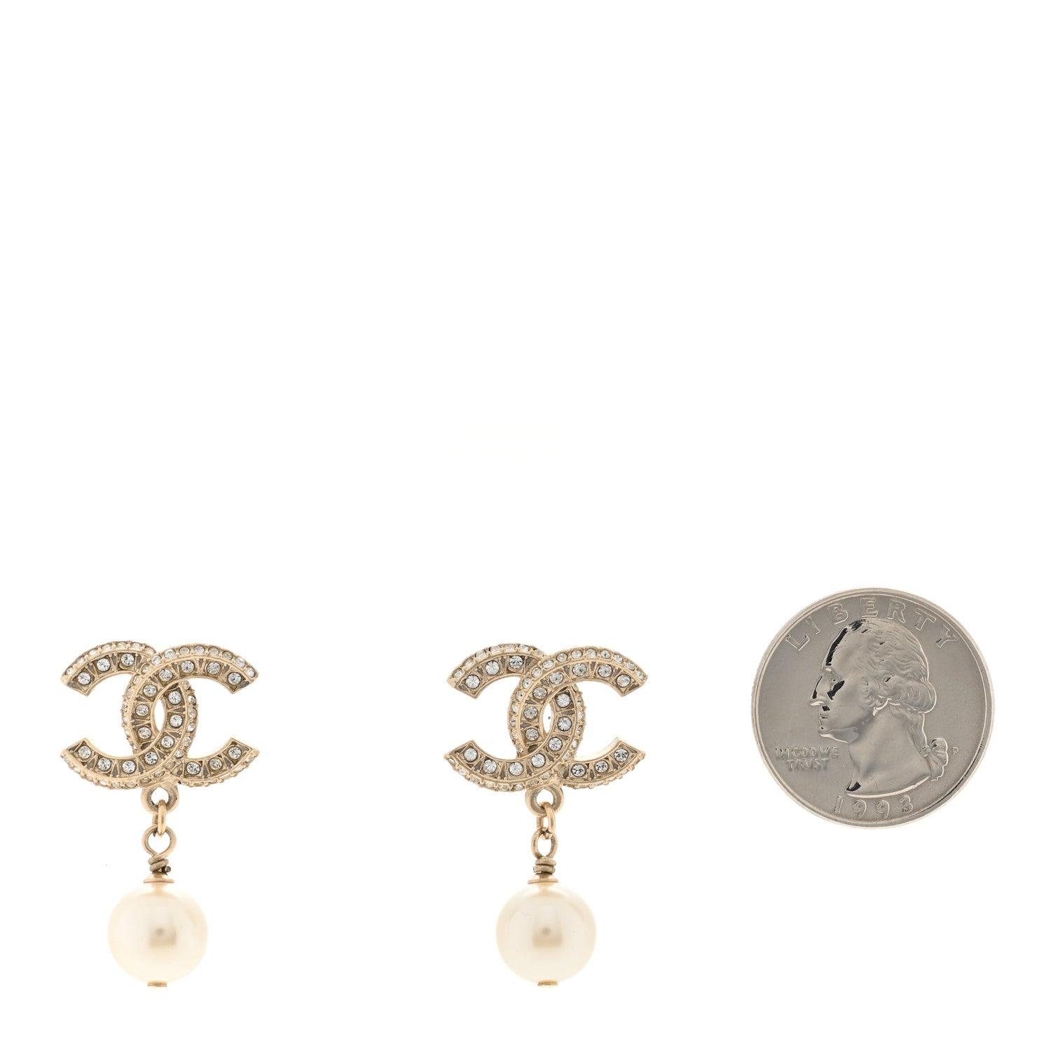 Chanel Crystal Timeless CC Pearl Drop Earrings Light Gold 2 of 4