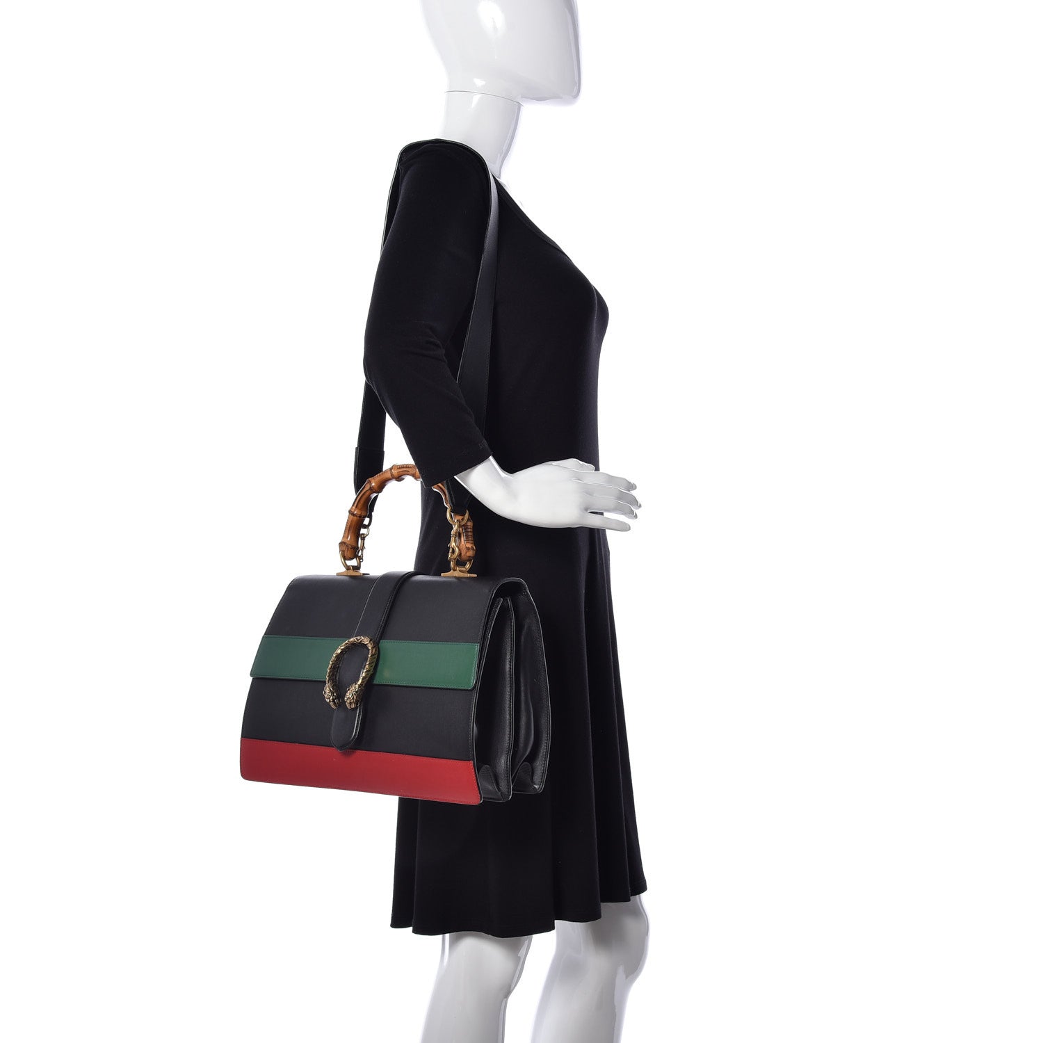 Gucci Calfskin Bamboo Web Large Dionysus Top Handle Bag Black Bright Evergreen Hibiscus Red 3 of 21