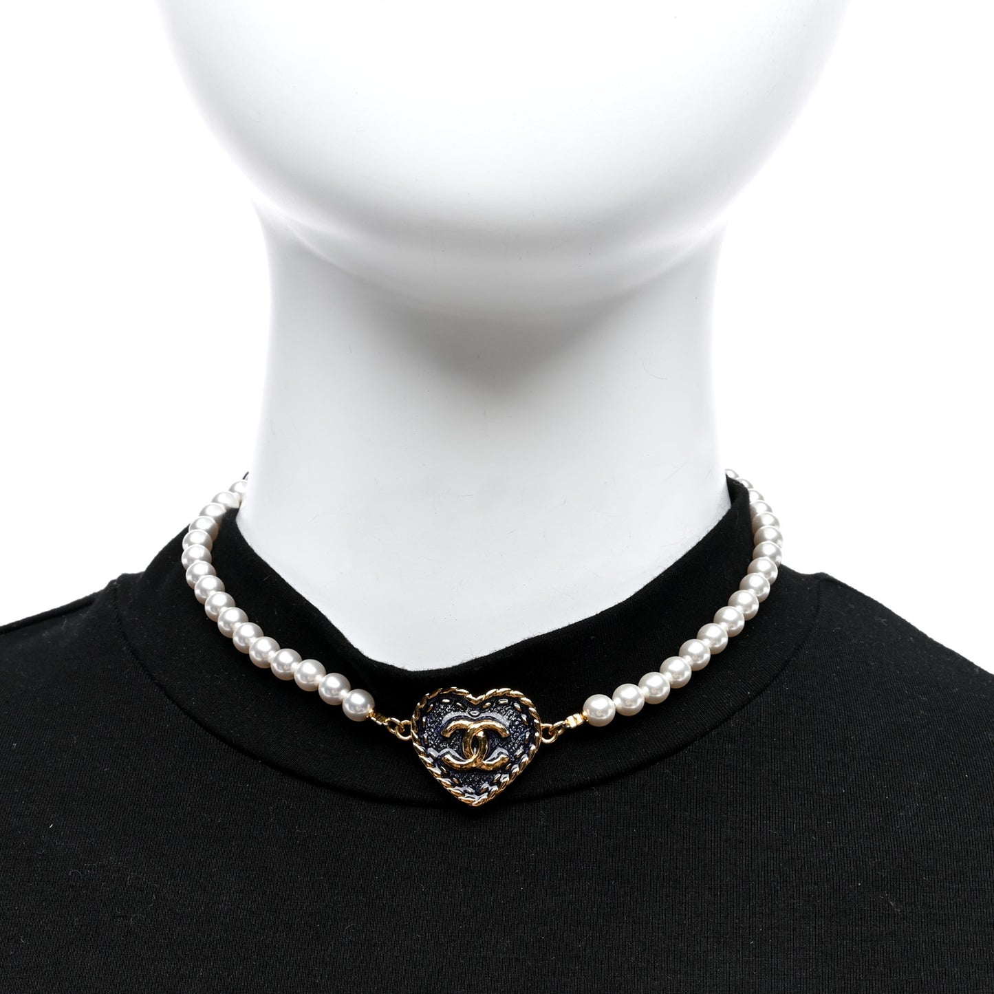Metal Denim CC Heart Choker Gold Blue Pearly White