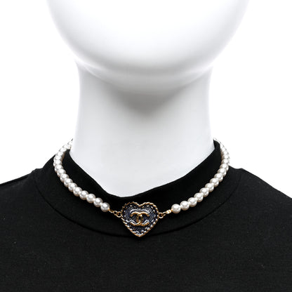 Chanel Metal Denim CC Heart Choker Gold Blue Pearly White 2 of 4