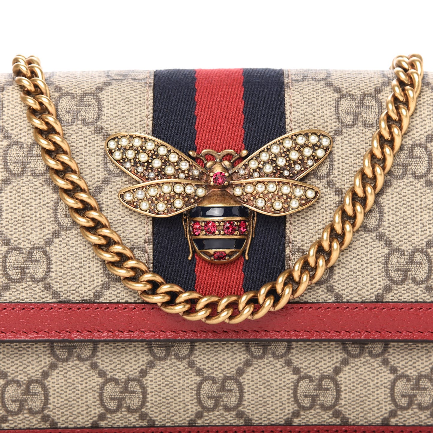 GG Supreme Monogram Web Queen Margaret Chain Wallet Red