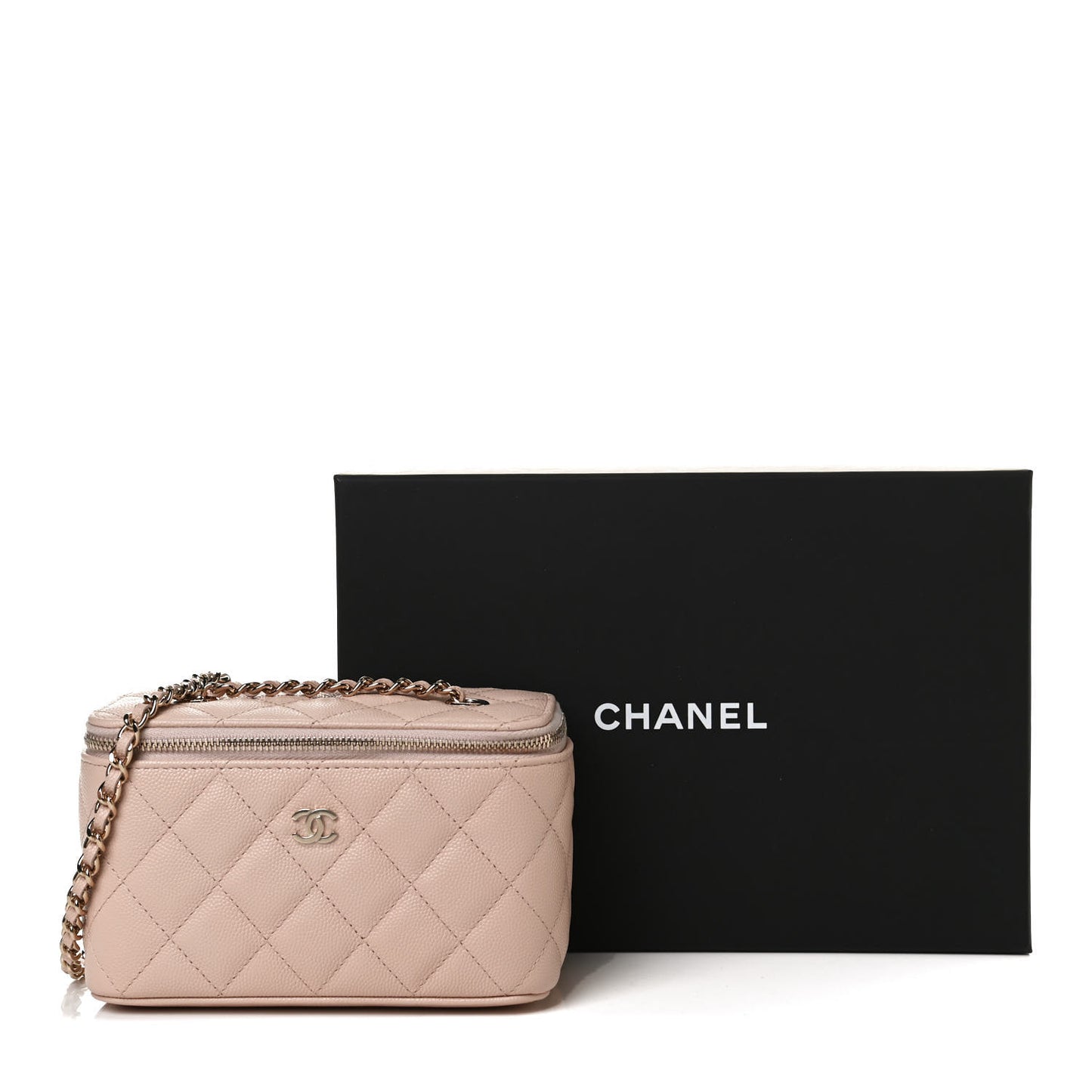 Caviar Quilted Small Vanity Case With Chain Light Beige
