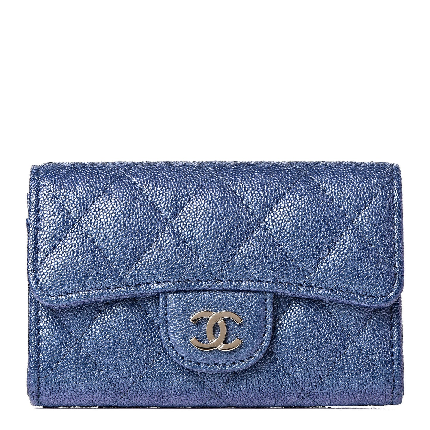 Iridescent Caviar Quilted Flap Card Holder Dark Blue