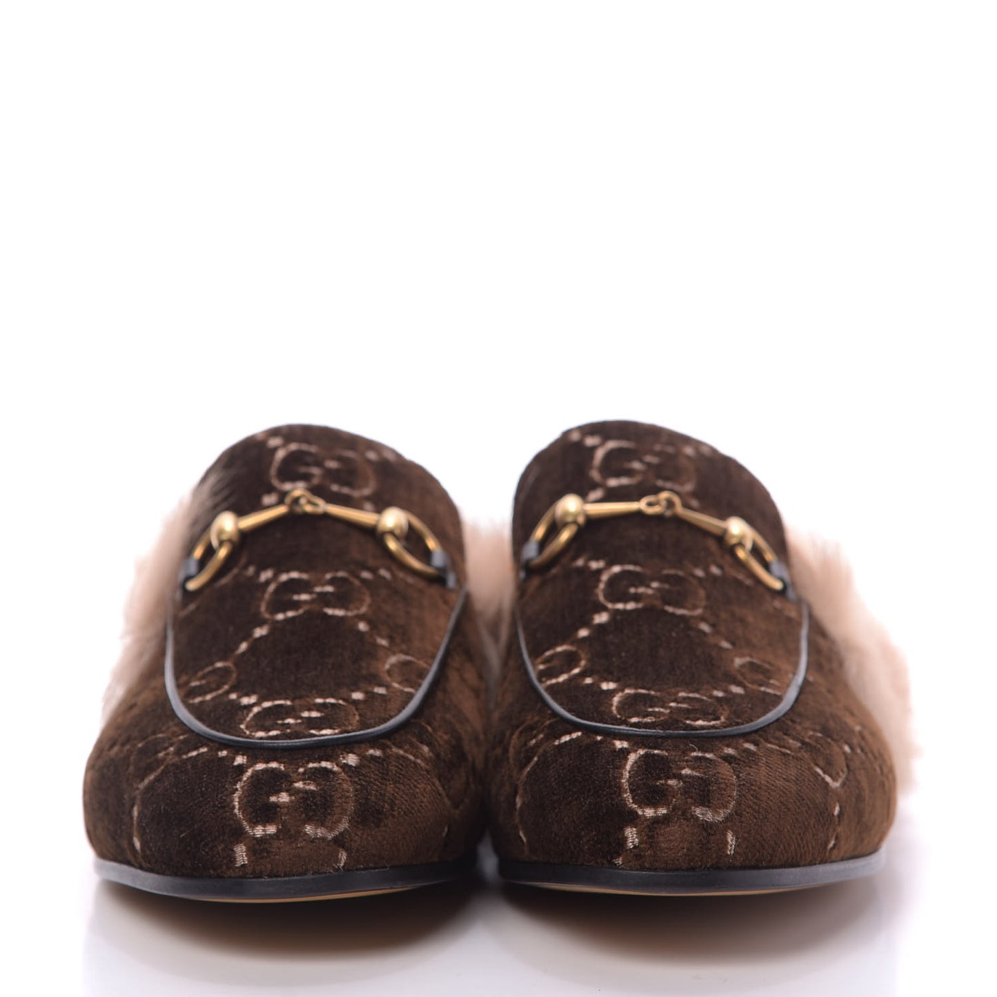 Velvet GG Monogram Fur Womens Princetown Slippers 38.5 Brown Black Natural