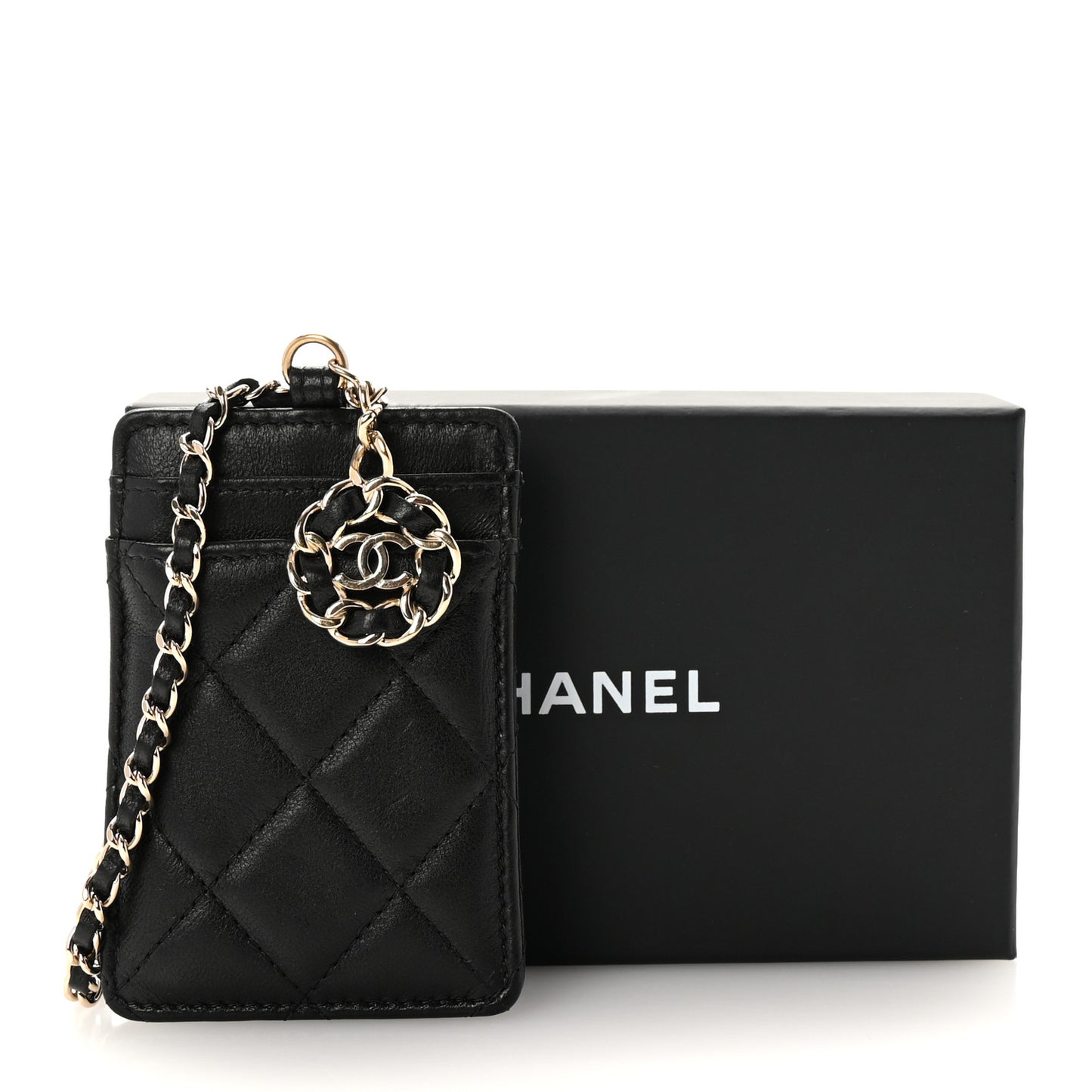 Lambskin Quilted Card Holder On Chain Black