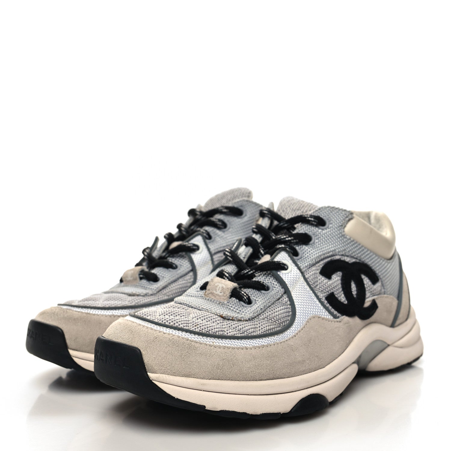 Chanel Mesh Suede Calfskin Grained Calfskin Womens CC Sneakers 38 Beige Grey Black 3 of 9