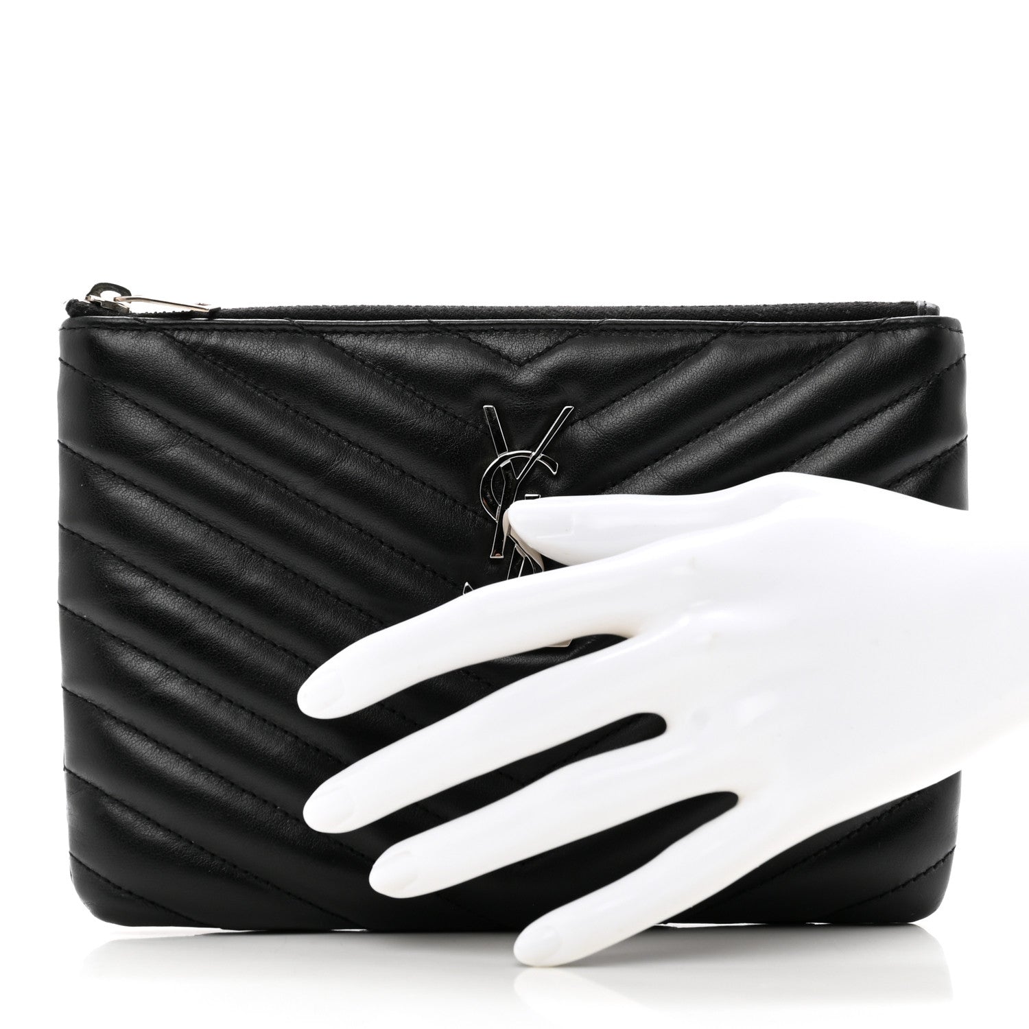 Saint Laurent Calfskin Matelasse Chevron Monogram Pouch Black 2 of 8