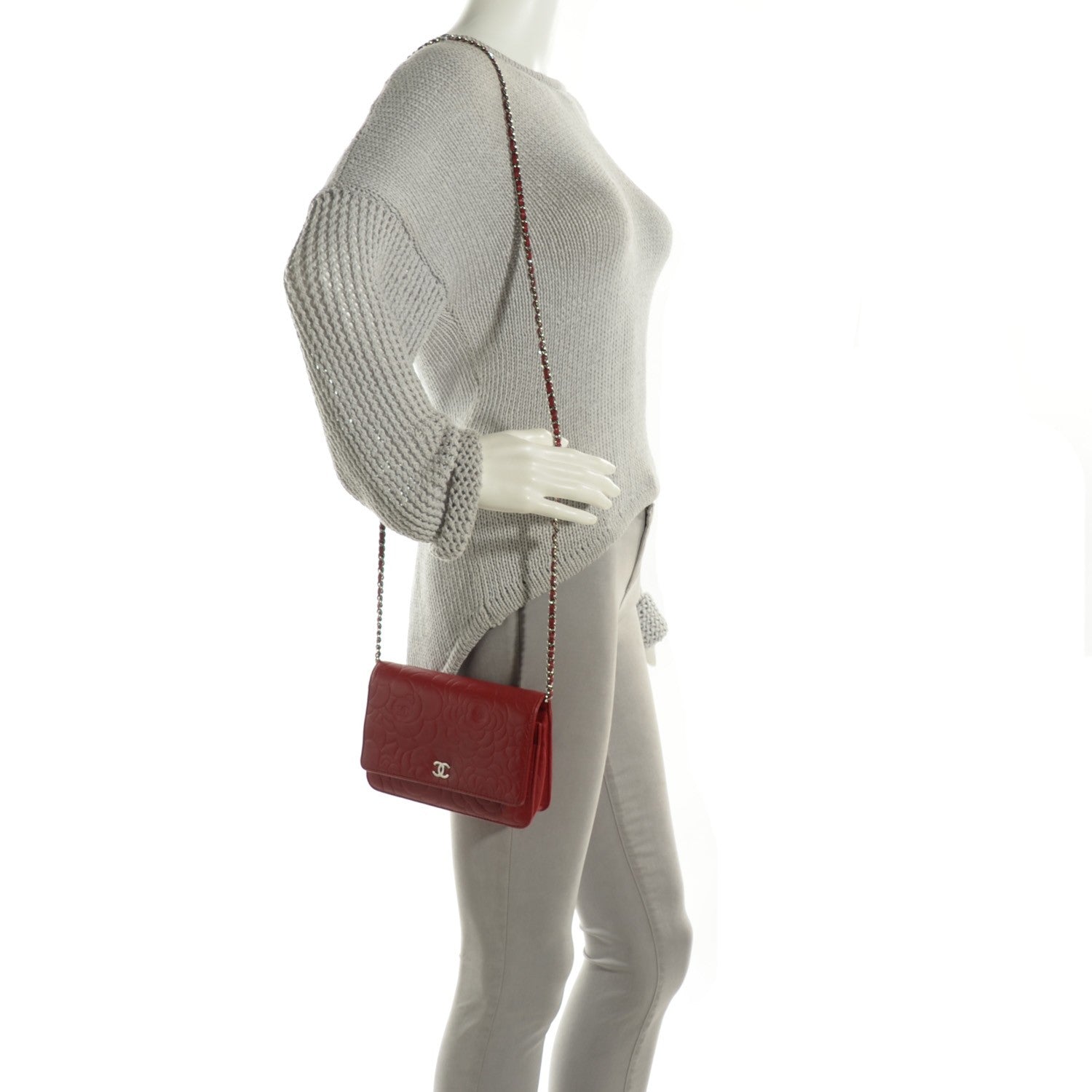 Chanel Lambskin Camellia Embossed Wallet On Chain WOC Red 2 of 8