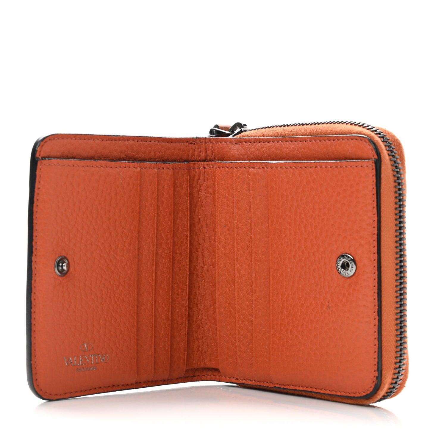 Pebbled Calfskin Rockstud Compact Zip Around Wallet Orange