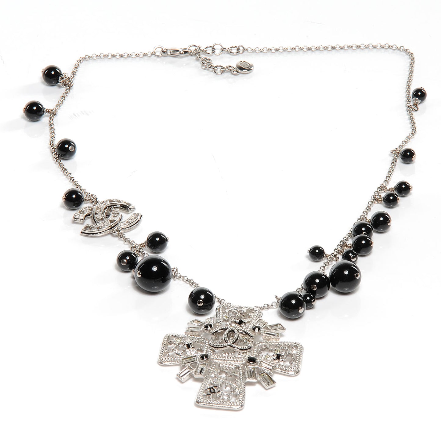 Maltese Cross Crystal CC Bead Necklace Silver