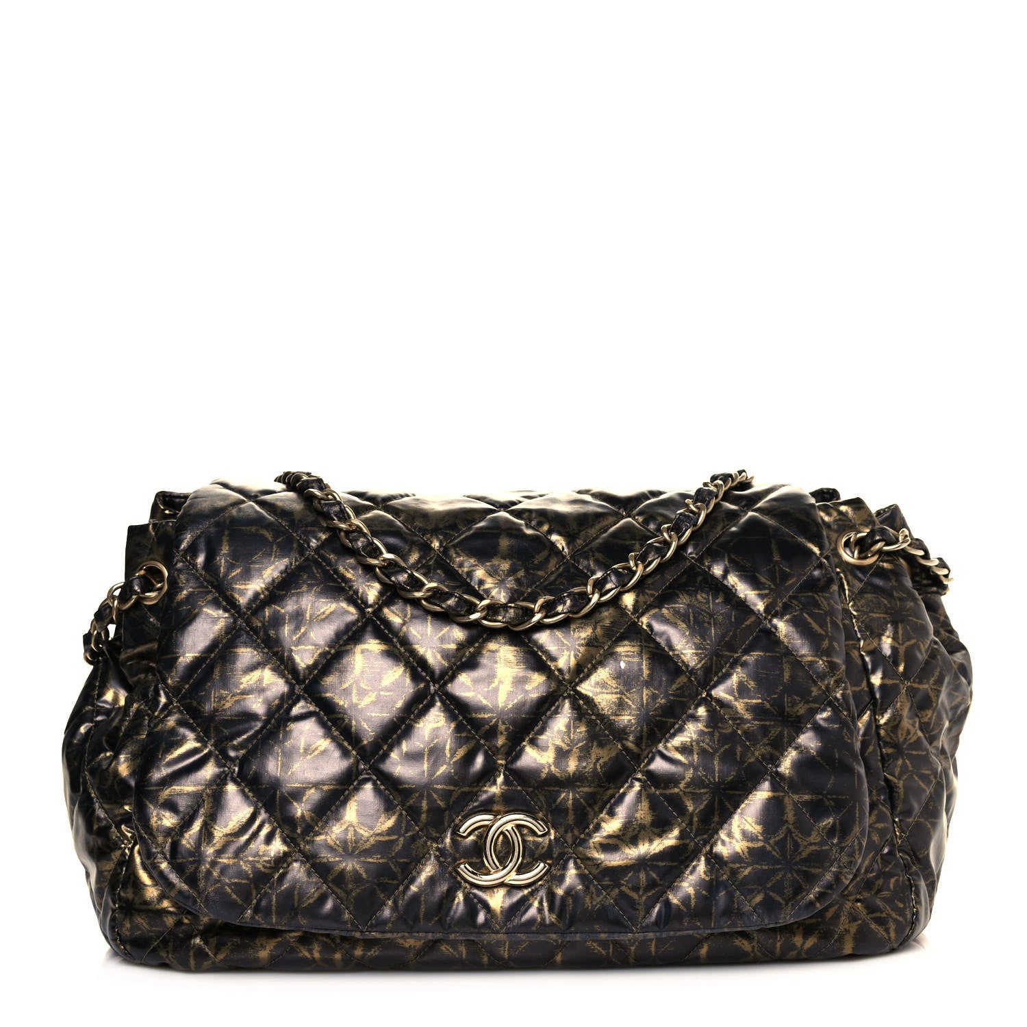 Chanel Nylon Printed Quilted Accordion Flap Black Gold 1 of 19