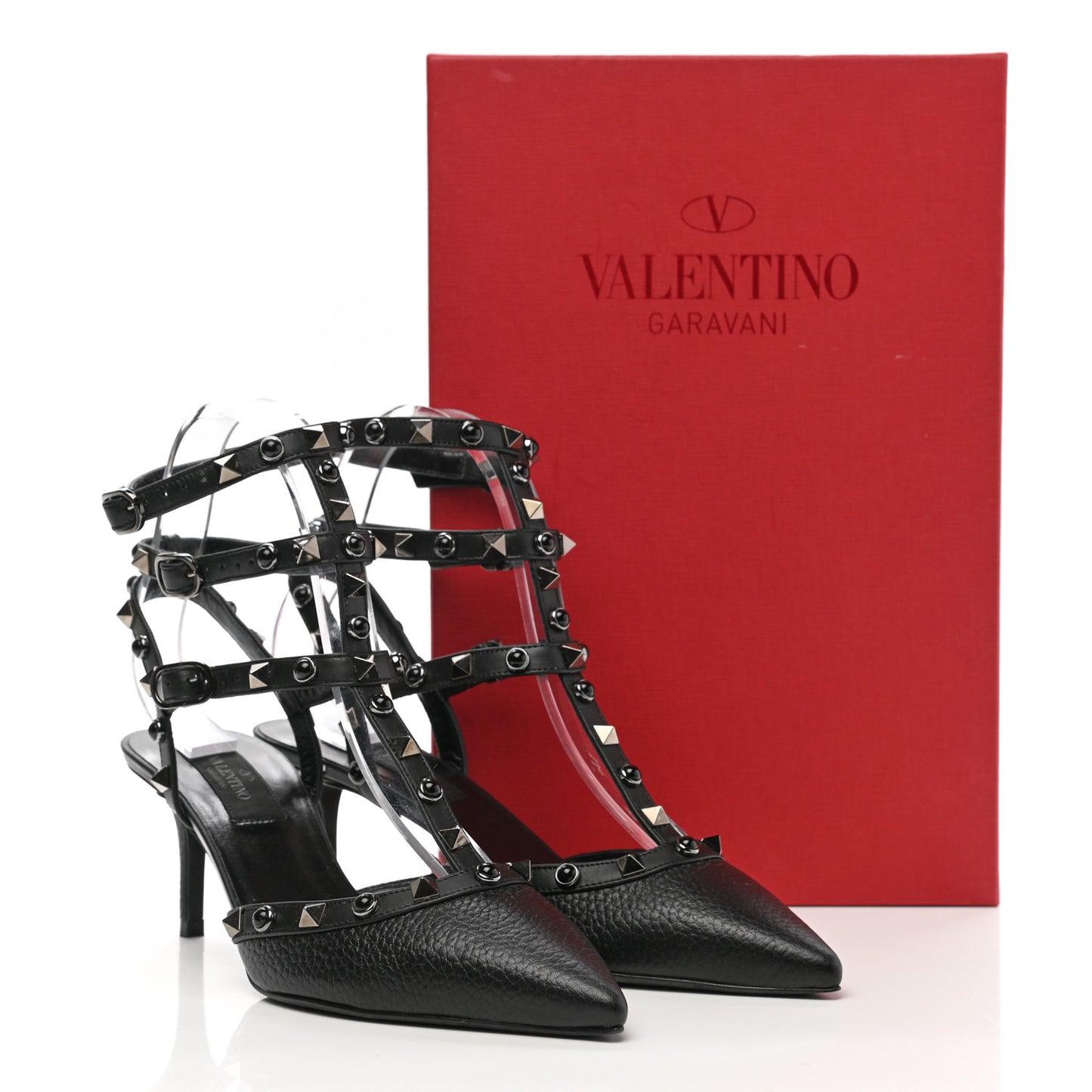 Pebbled Calfskin Onyx Rockstud Rolling Ankle Strap 65mm Pumps 37 Black