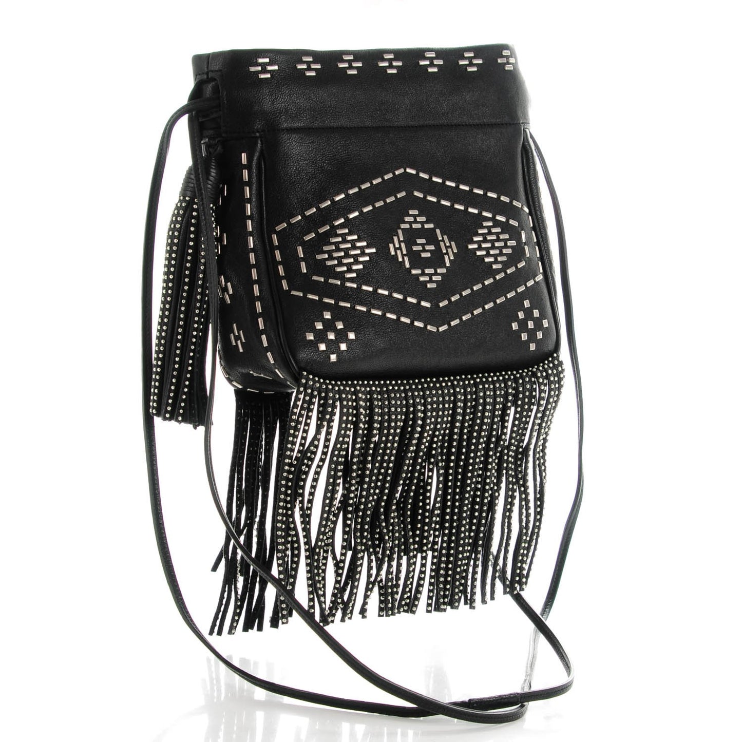 Lambskin Oxidized Nickel Studded Small Helena Fringed Bucket Bag Black