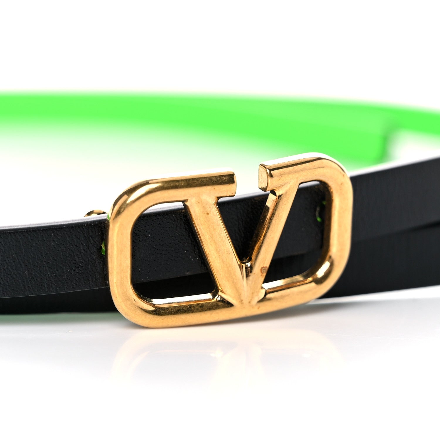 Valentino Garavani Glossy Calfskin VLogo Reversible Belt 75 30 Black Fluo Green 5 of 5