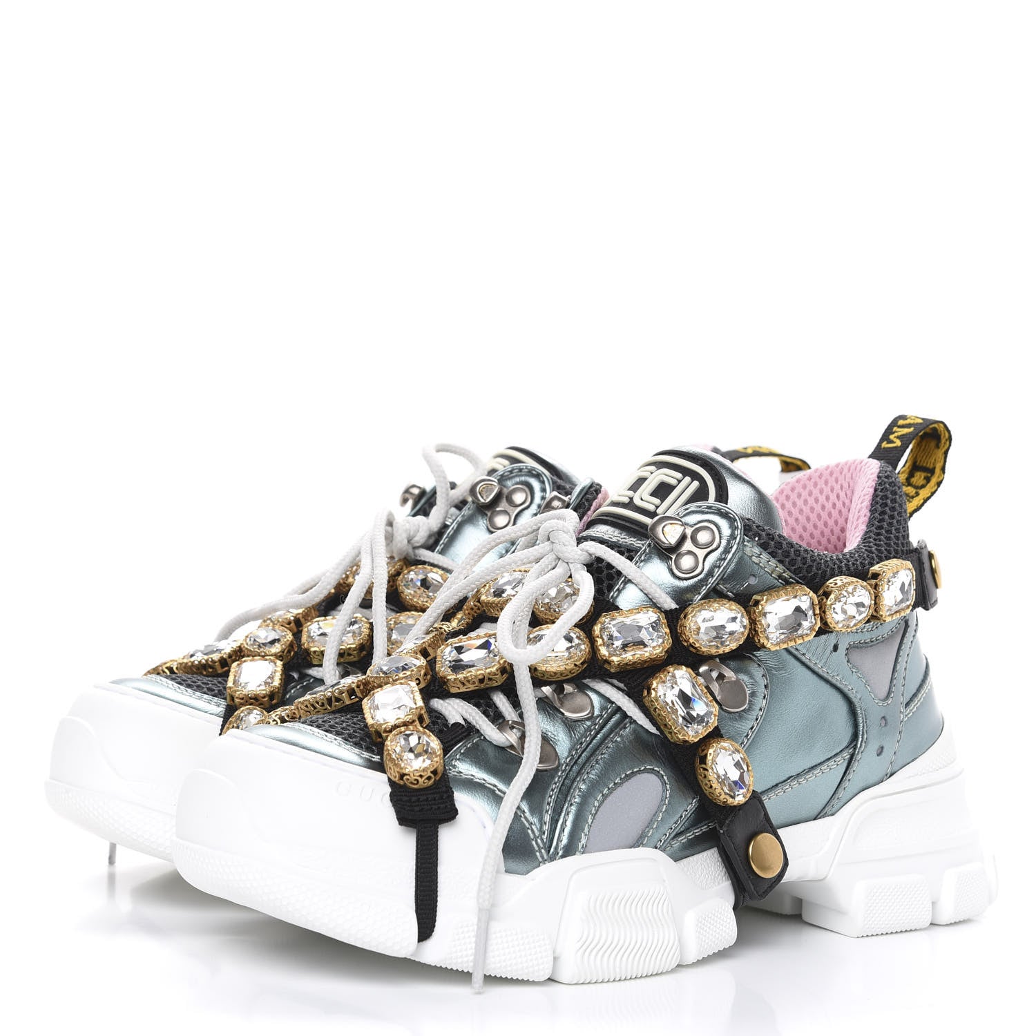 Gucci X SEGA Metallic Calfskin Removable Crystals Womens Flashtrek Sneakers 36 Lago Loess Silver 3 of 8