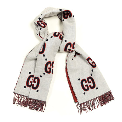 Gucci Cashmere Wool GG Monogram Reversible Intarsia Scarf Red Ivory 1 of 4
