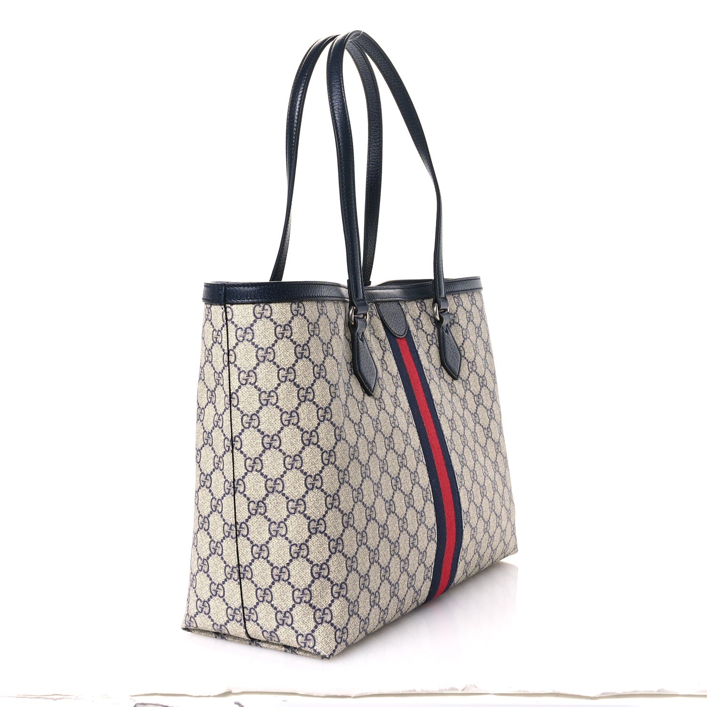 GG Supreme Monogram Textured Calfskin Web Medium Ophidia Shopping Tote Beige Blue