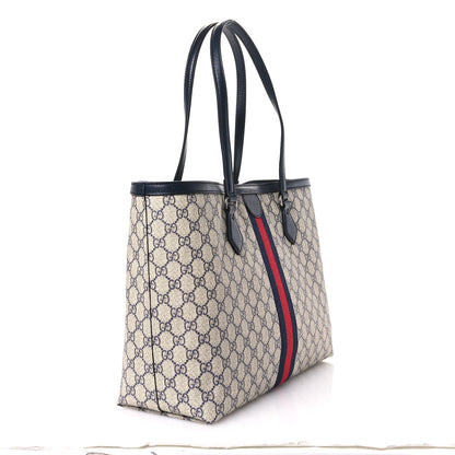 Gucci GG Supreme Monogram Textured Calfskin Web Medium Ophidia Shopping Tote Beige Blue 3 of 11