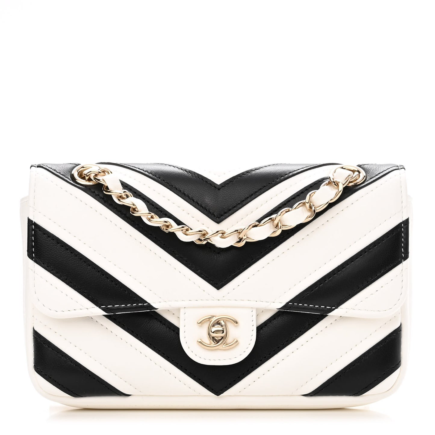 Lambskin Chevron Stitched Flap White Black