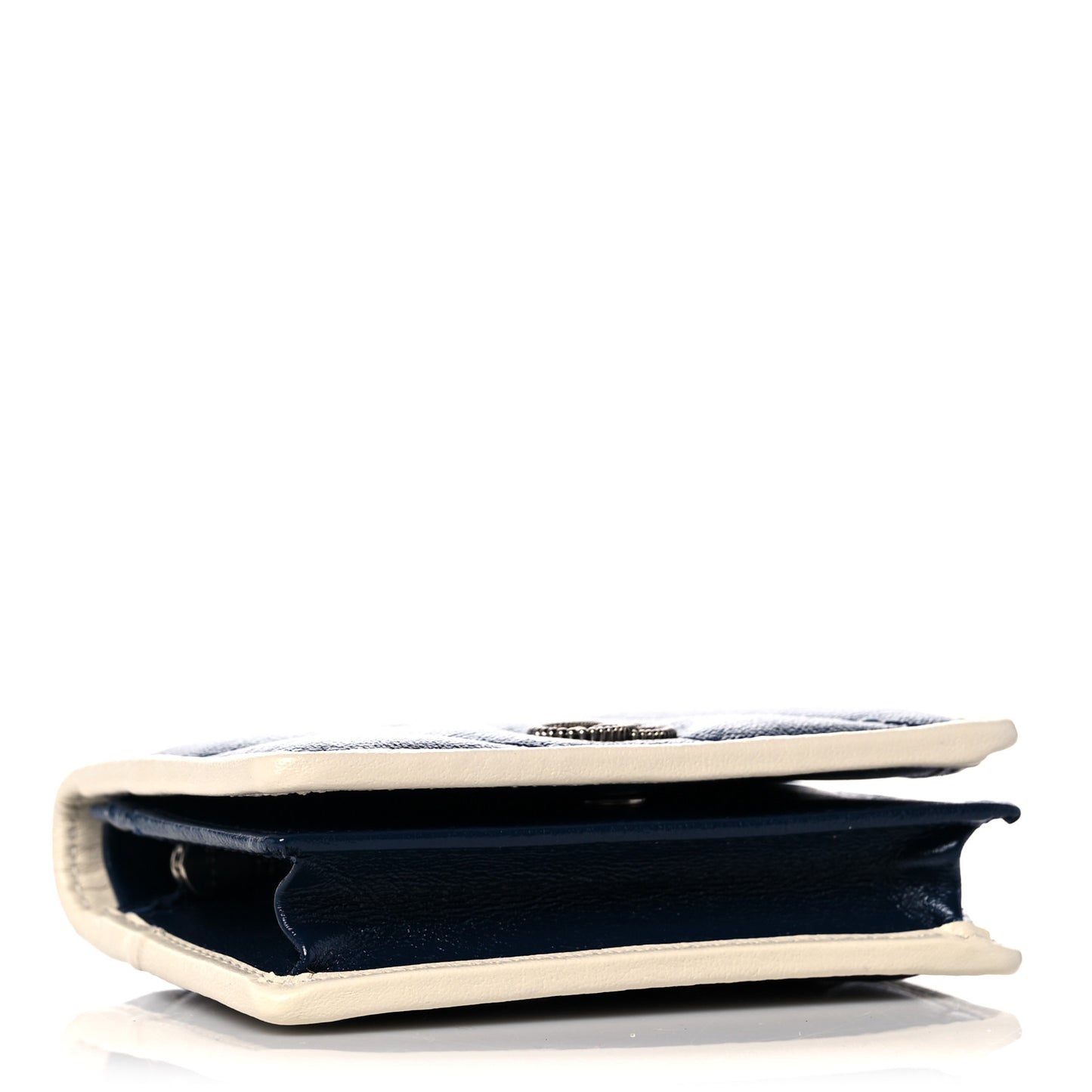 Vintage Effect Calfskin Matelasse Diagonal Torchon GG Marmont Card Case Wallet Blue Agata Mystic White