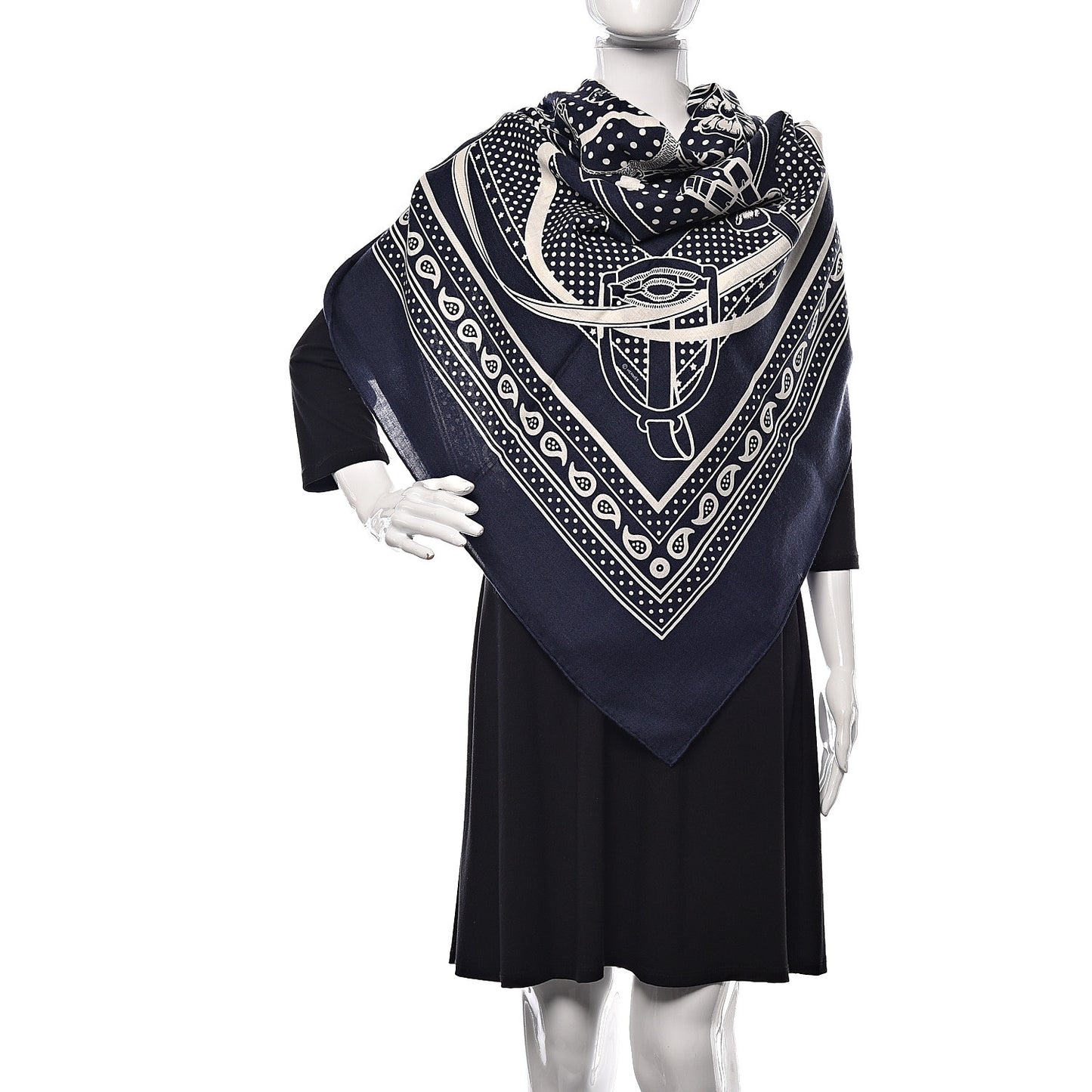 Silk Cashmere Grand Manege Bandana Shawl 140 Marine Blanc