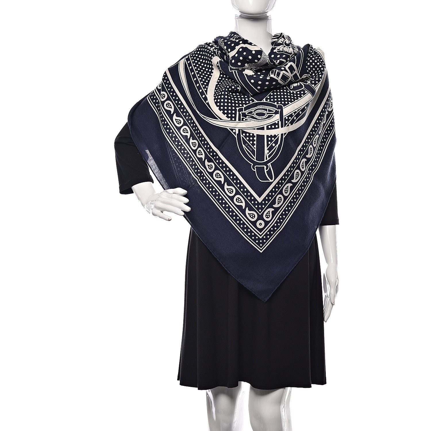 Hermes Silk Cashmere Grand Manege Bandana Shawl 140 Marine Blanc 2 of 4