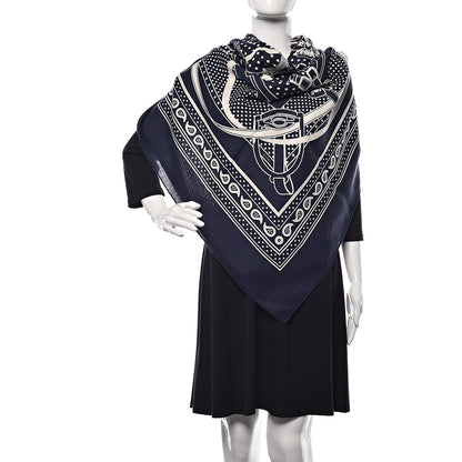 Hermes Silk Cashmere Grand Manege Bandana Shawl 140 Marine Blanc 2 of 4