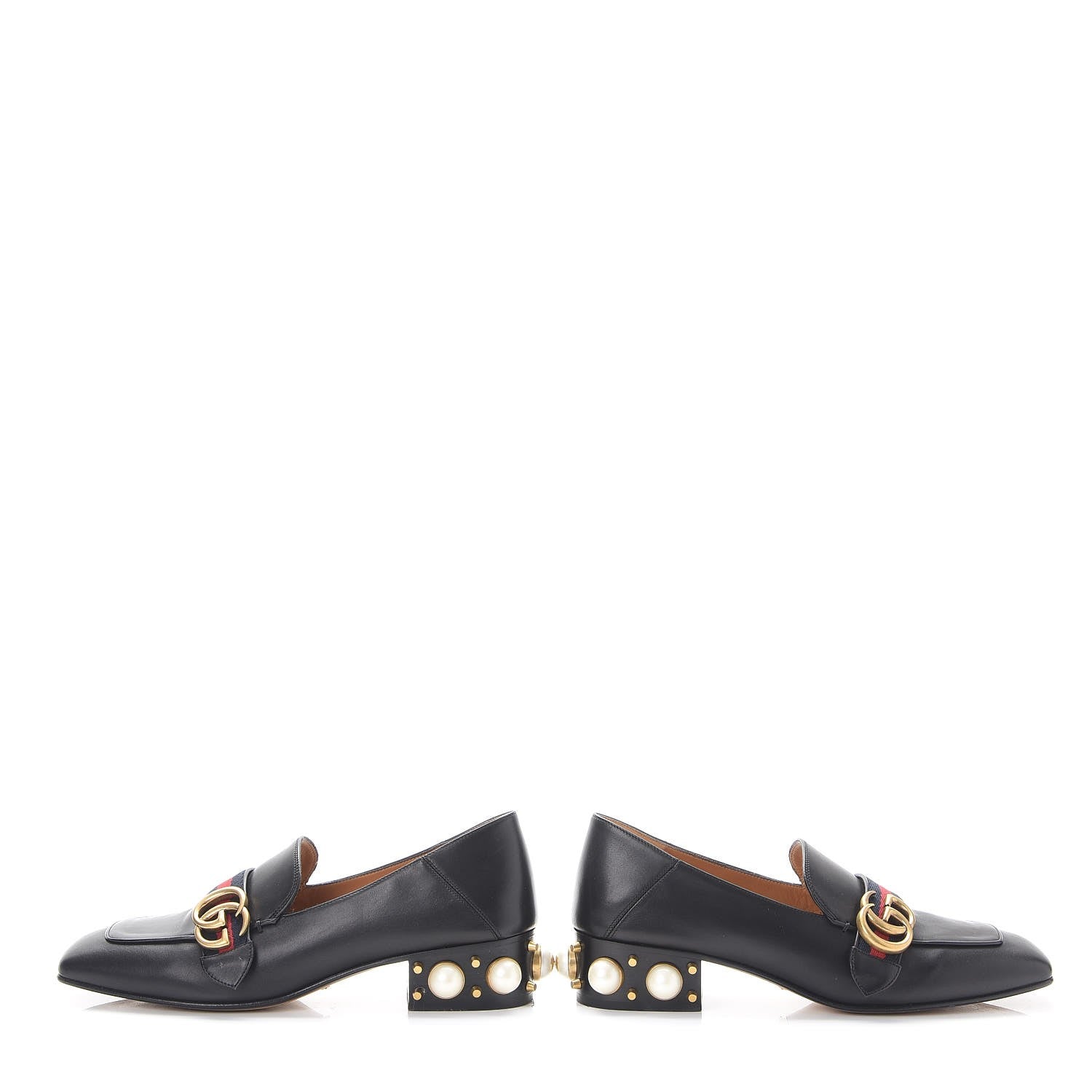 Gucci Calfskin Web Pearl Embellished Peyton Loafers 38.5 Black 5 of 16