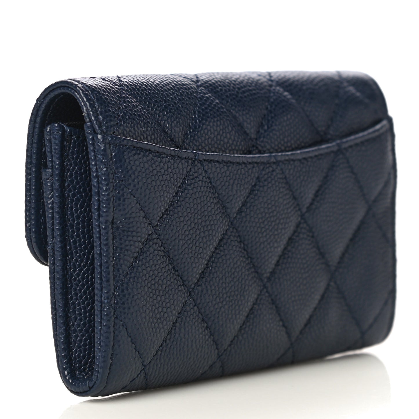 Caviar Quilted Flap Card Holder Wallet Navy Blue