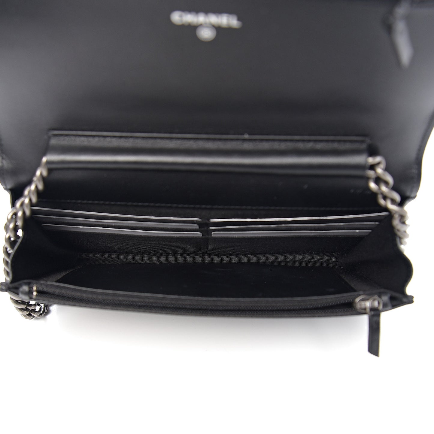 Grained Calfskin Chevron Quilted Boy Wallet On Chain WOC Black