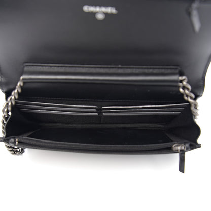 Chanel Grained Calfskin Chevron Quilted Boy Wallet On Chain WOC Black 4 of 14