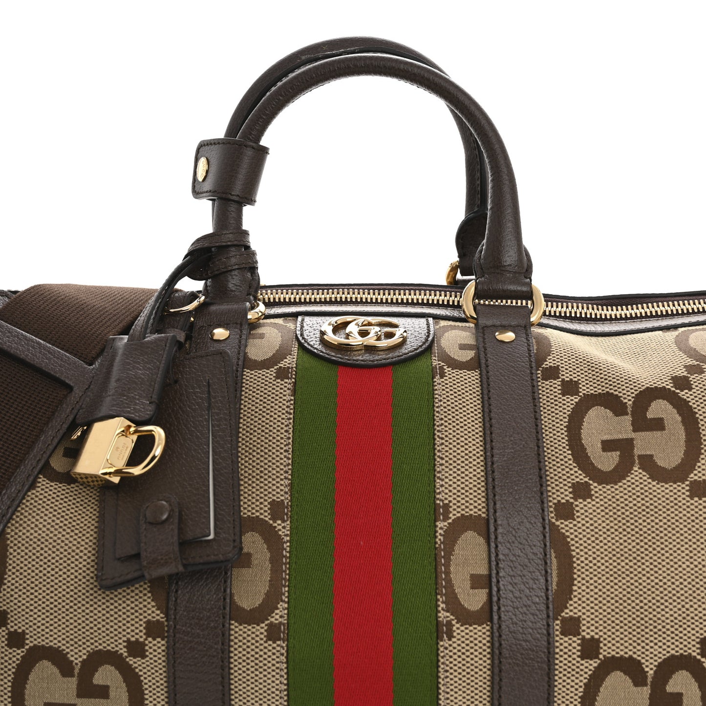 Monogram Jumbo GG Textured Dollar Calfskin Web Medium Duffle Bag Camel Ebony