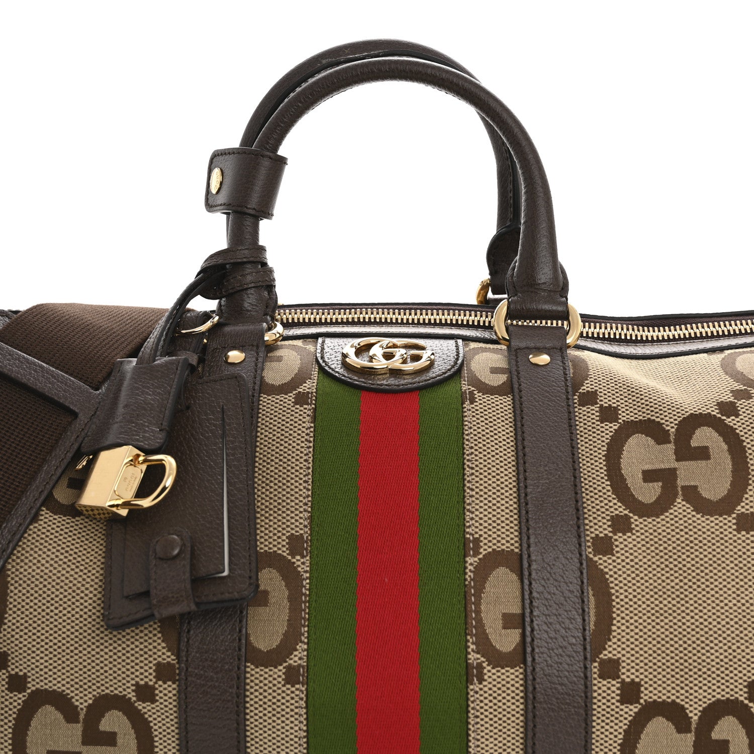 Gucci Monogram Jumbo GG Textured Dollar Calfskin Web Medium Duffle Bag Camel Ebony 7 of 9