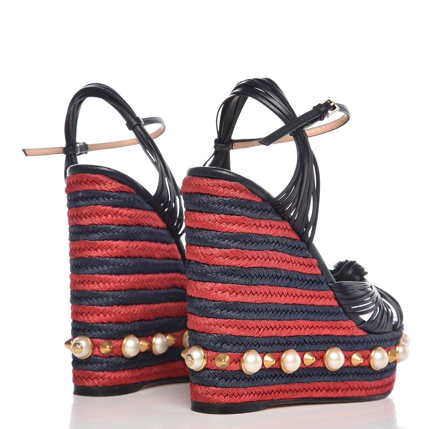 Raffia Calfskin Pearl Embellished Barbette Espadrille Platform Wedge Sandals 36.5 Midnight Blue Red